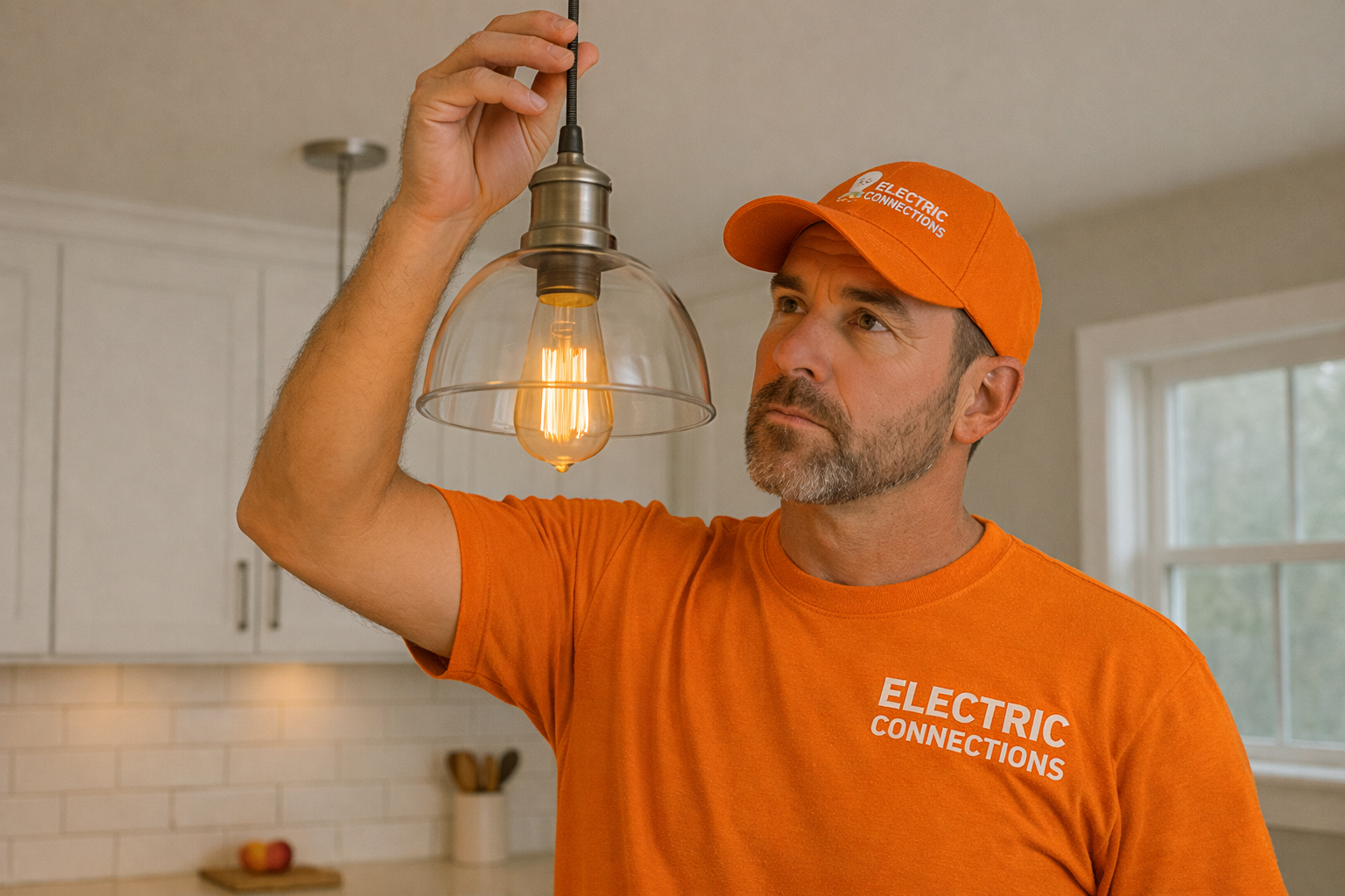 Electrician inspects pendant light fixture