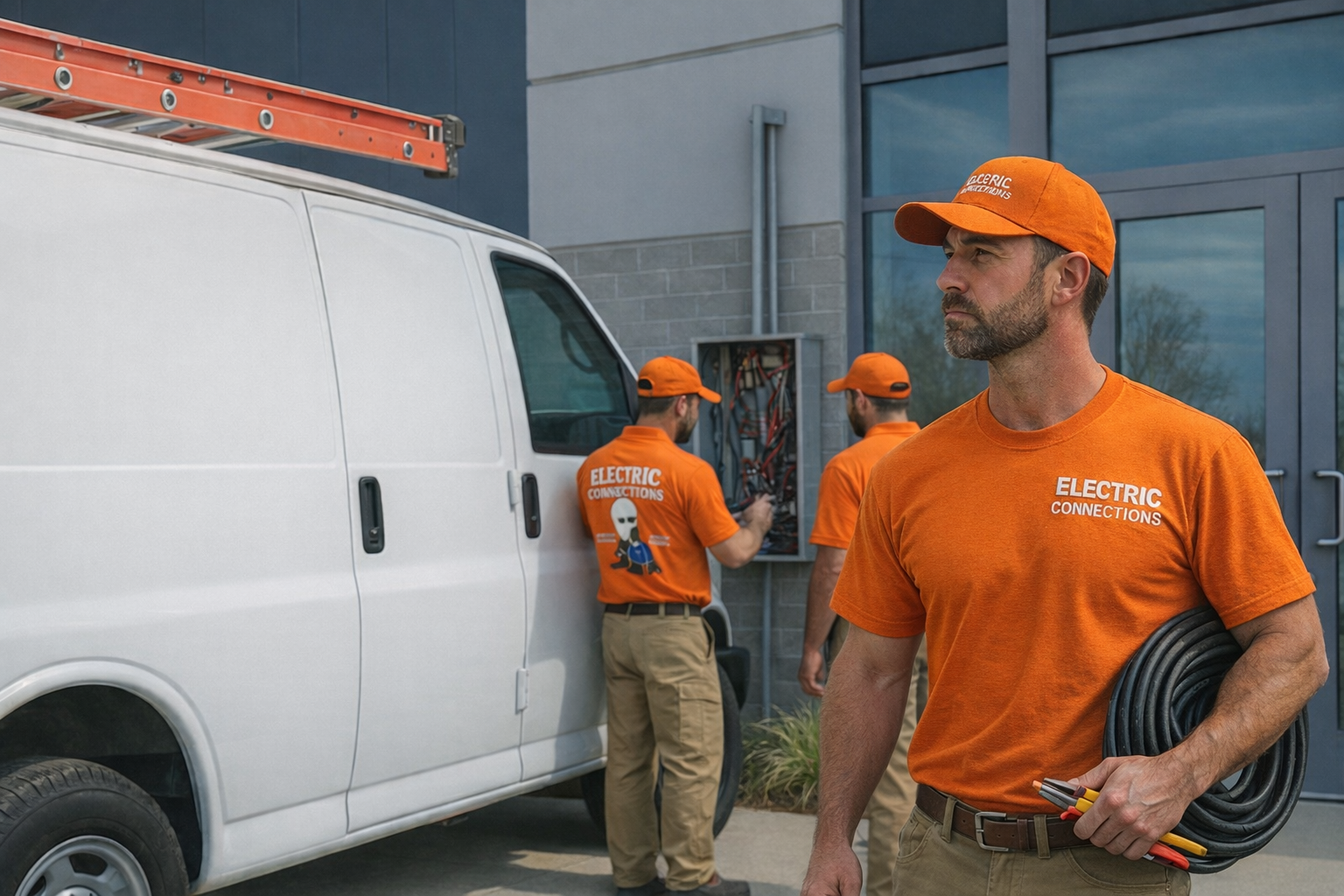 Electricians at work outside a building